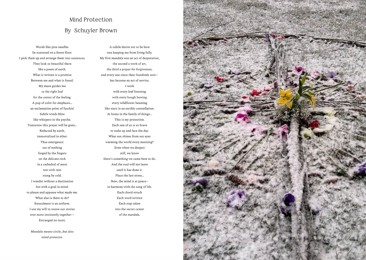 Pages from Issue #1, Impermanence: a contents page and flowers laid on stones