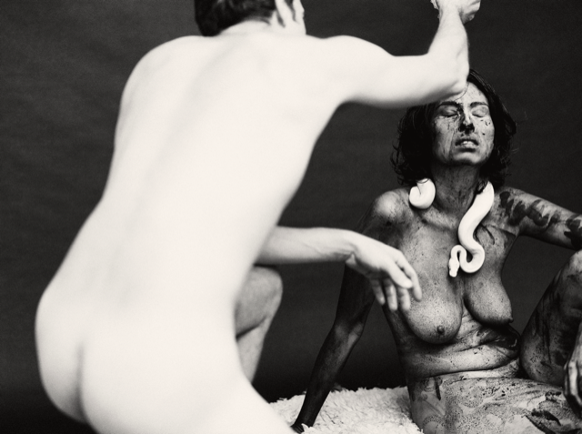 A spread from Mythos, Issue #2 of the magazine: two figures, one nude, one painted in clay