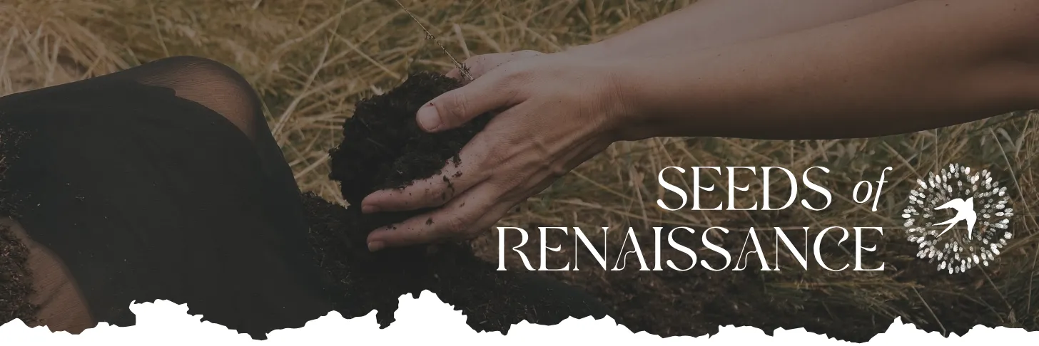 Hands holding dark soil over dry grass, with the Seeds of Renaissance name and mark