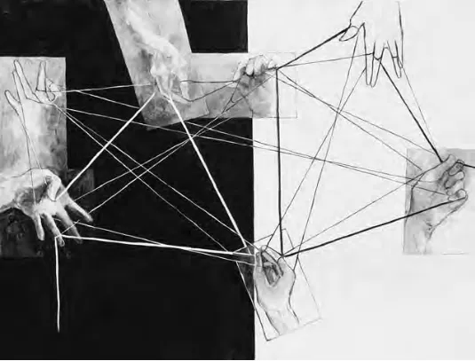 Cat’s Cradle / String Theory , Baila Goldenthal, 2008. Oil on canvas, 36 48 in. Published in Donna Haraway, Staying with The Trouble (2016), p.35, courtesy of Maurya Simon and Tamara Ambroson.