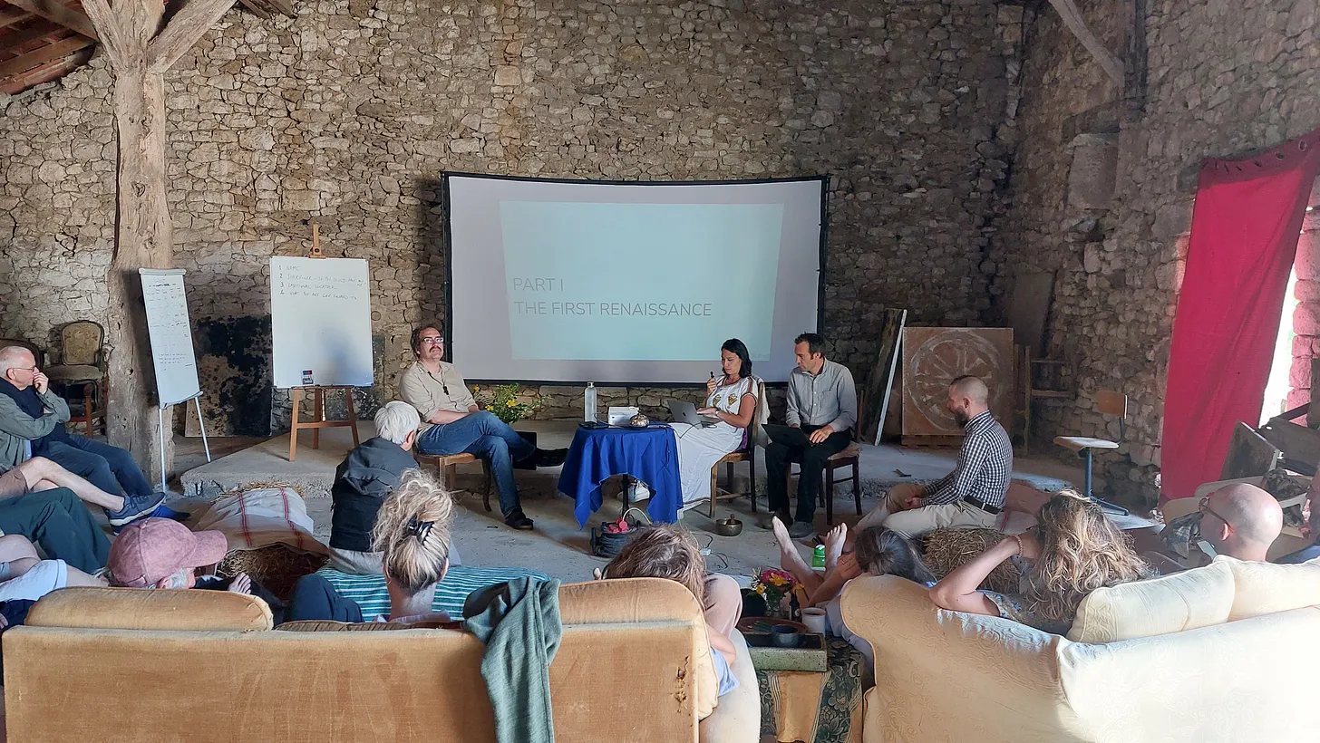 Liam, Sylvie and Rufus leading the Second Renaissance talks - held in the barn