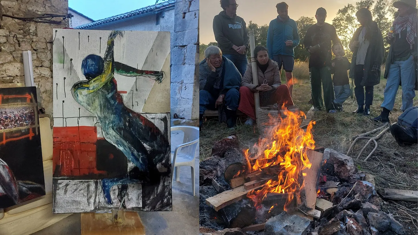 Art work from an open space and an evening bonfire