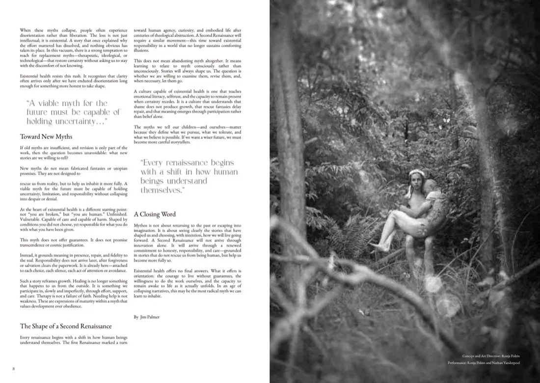 Spread, pages 8 and 9: Jim Palmer's essay beside a forest photograph by Ronja Polzin