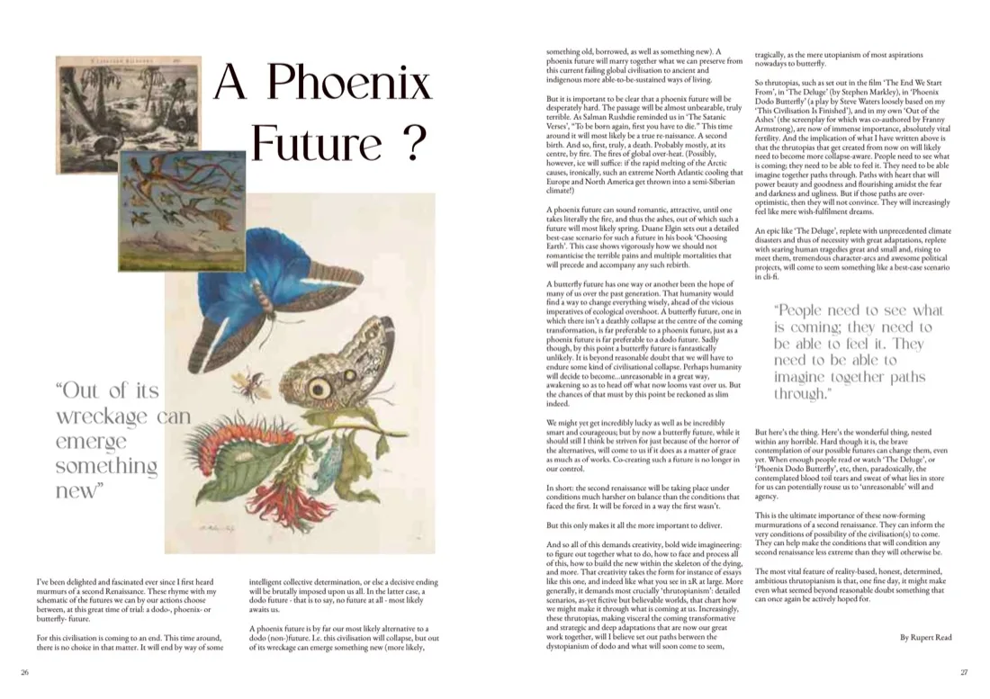 Spread, pages 26 and 27: A Phoenix Future? by Rupert Read, with natural-history engravings