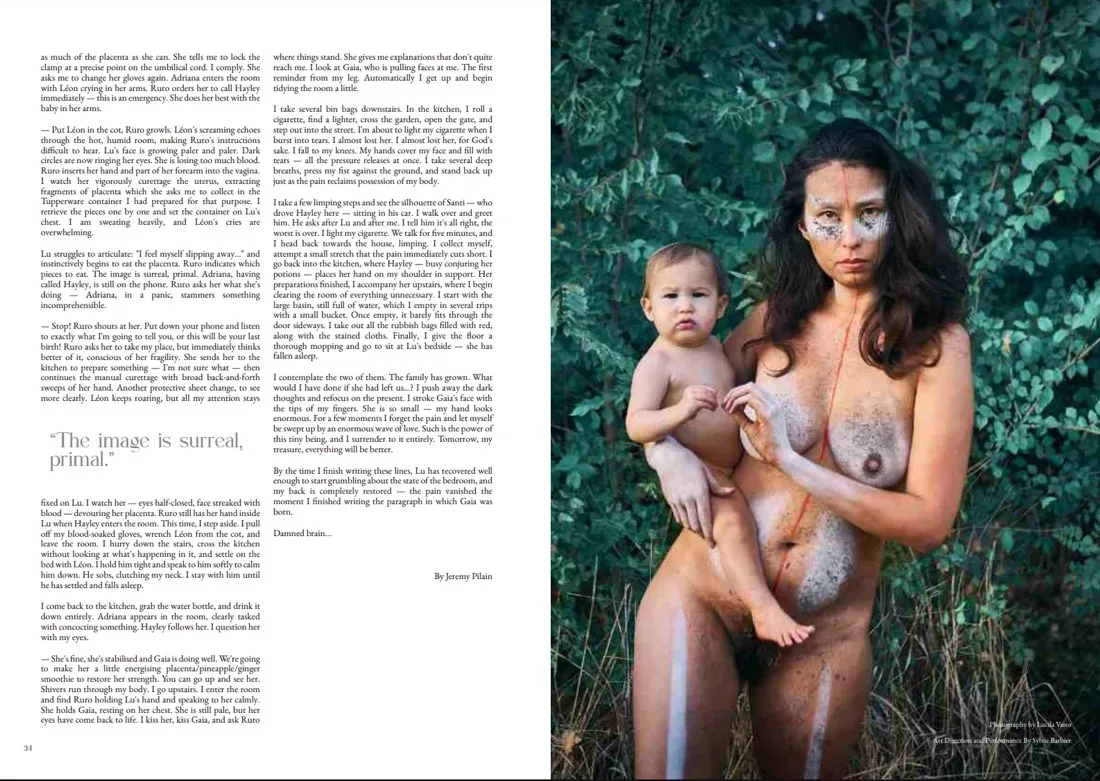 Spread, pages 34 and 35: a story by Jérémy Pilain beside a portrait by Lucila Vairo