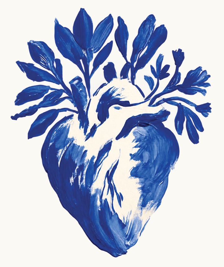 A painted blue heart with leaves and flowers growing from it